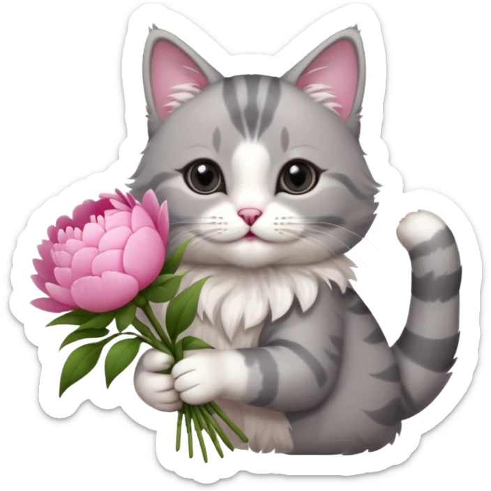 Cute cat Handing pink peonies like reaching a hand and handing them out a bouquet of them not a physical hand the cats hand  make the cat fluffy and grey and white fluffier sticker