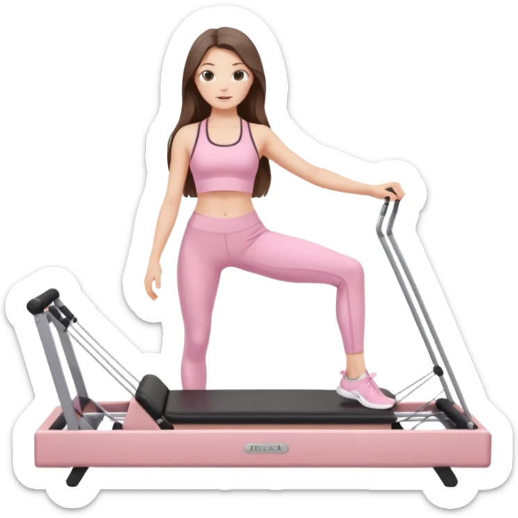pretty white brunette teen long hair with hazel eyes and a small waist in light pink workout clothes on a pilates reformer sticker