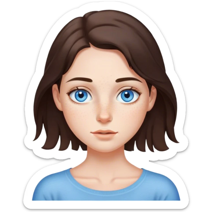 Brunette girl with blue eyes and shoulder lenght hair freckles on nose and under eyes sticker
