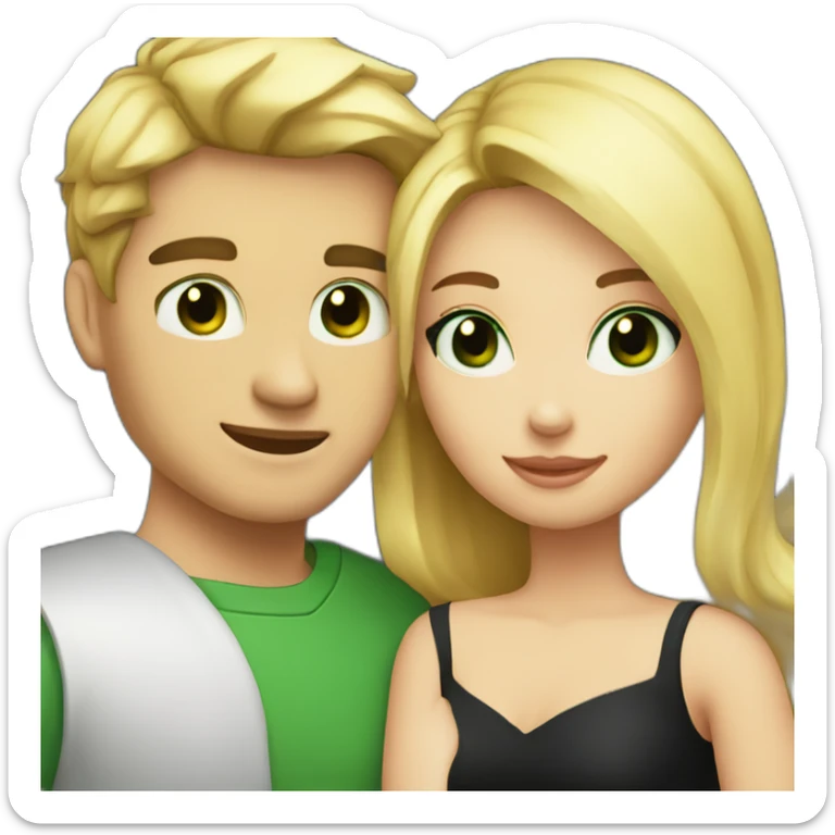 A couple of a girl with blonde hair and green eyes, and a man with black hair and black eyes, that are hugging sticker