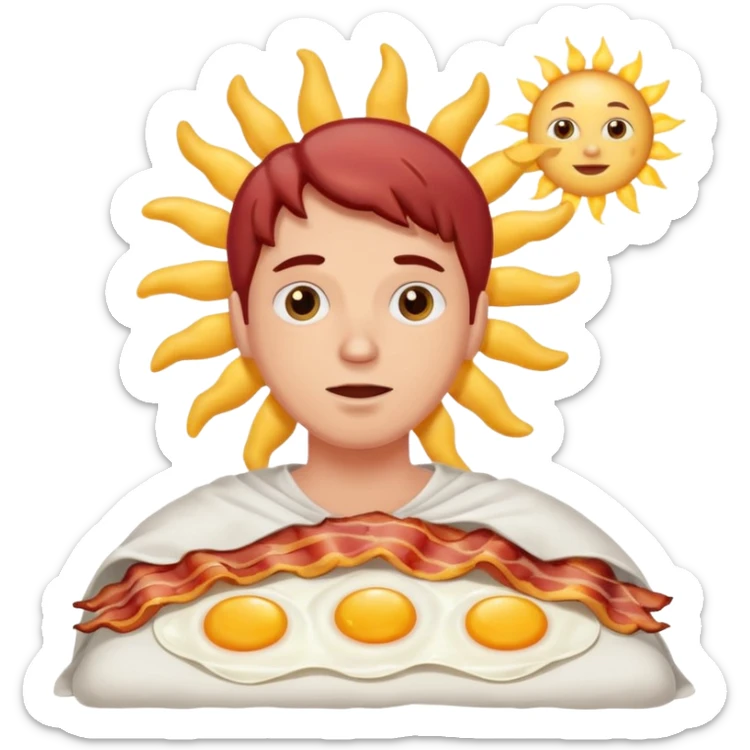 A sun made out of eggs and bacon in the background of someone waking up  sticker