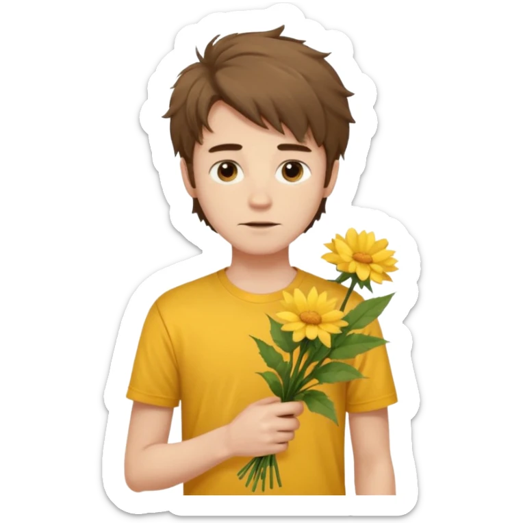 generate an ios genmoji of a 20 year old fair boy with brown long and messy hair with stubble on cheeks. should look like he cant grow a mustache., carrying a flower bouquet, wearing a yellow tshirt, looking shy sticker