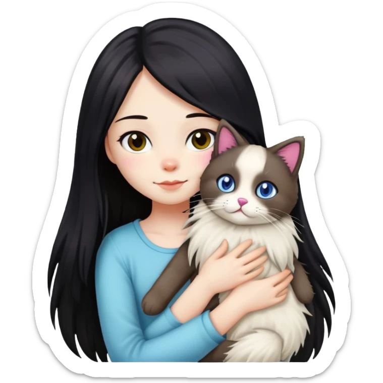 Girl with straight black long hair hugging a colorpoint ragdoll plush toy and a tricolor long-haired cat sticker