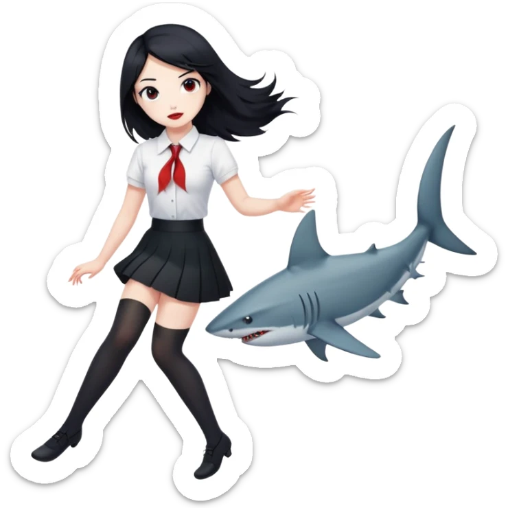 A girl in a white shirt, a black skirt and stockings with black hair, but there are glimpses of red on some areas of hair and also with a shark tail sticker