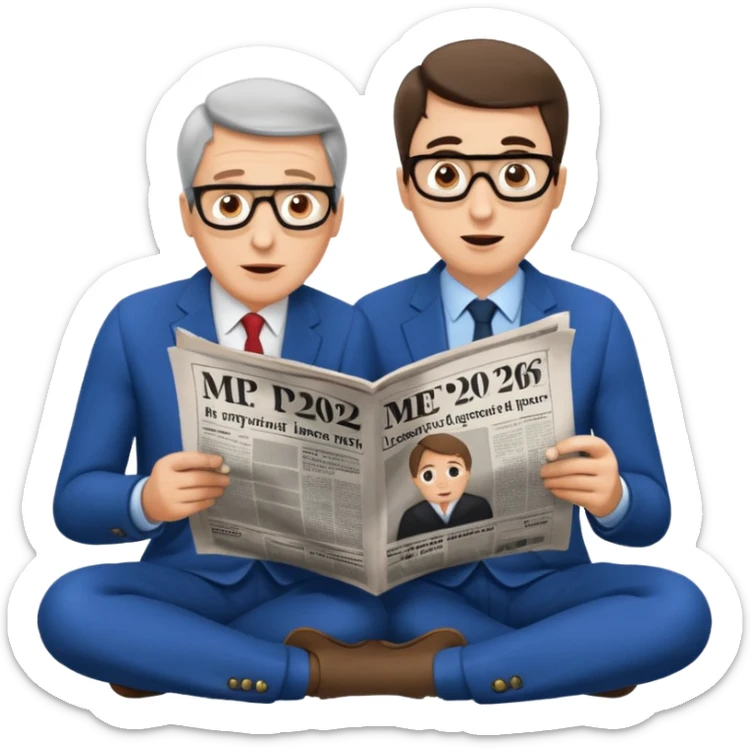 Gérard Larchet et yael braun pivet qui sont assis à genoux et qui lisent un seul et même grand journal et qui semblent émerveillés sur le journal on peut voir marque MEP 2026 au,milieu d’un article  sticker