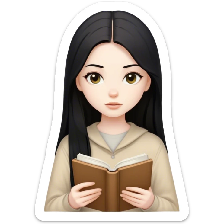 beautiful girl, pale skin, black long straight hair, with beige clothes, reading a beige book  sticker