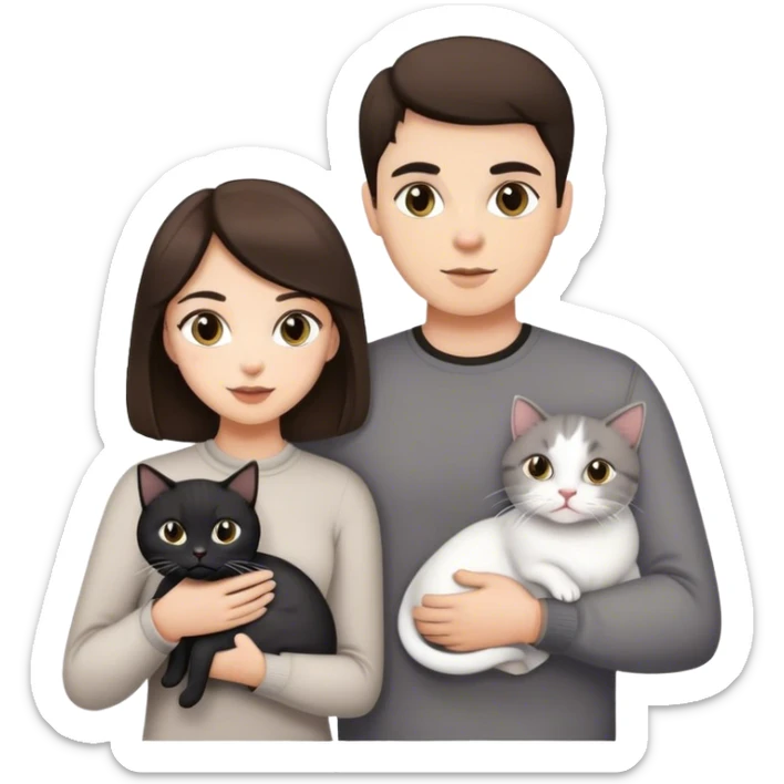 brunette girl brunette man holding a white and black cat and two gray cat sticker
