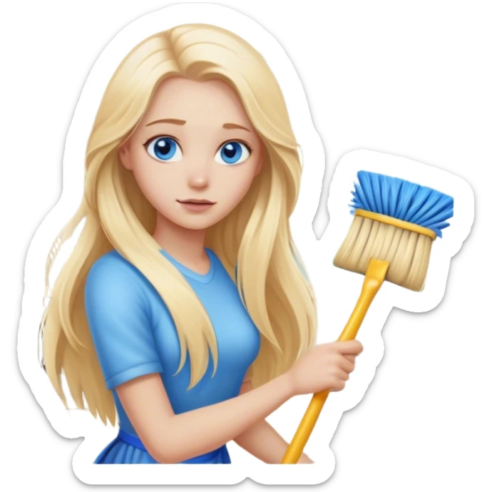 Cinematic realistic blonde with long hair, blue eyes cleans the room sticker