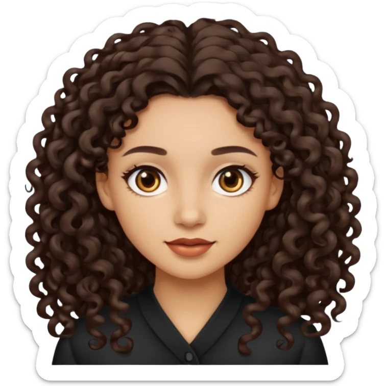 Woman with light skin and dark brown eyes and dark brown long curly hair sticker