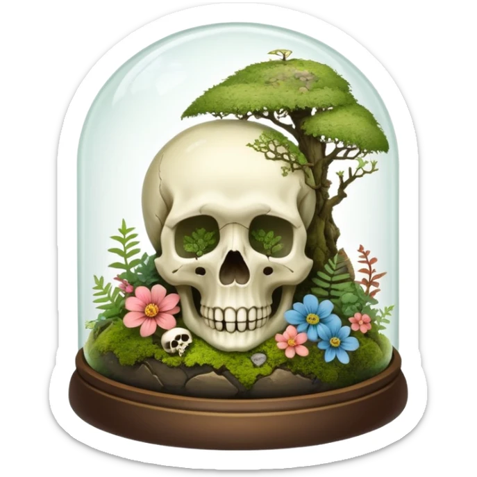 Mystical woodland glass-dome-terrarium-globe with moss and a skull and flowers inside  sticker