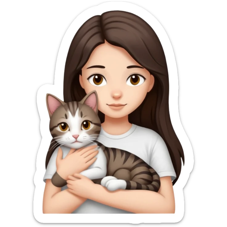 a girl with long dark brown hair, in a
white T-shirt and brown eyes, hugs a tabby
dark grey and white strips one cat sticker