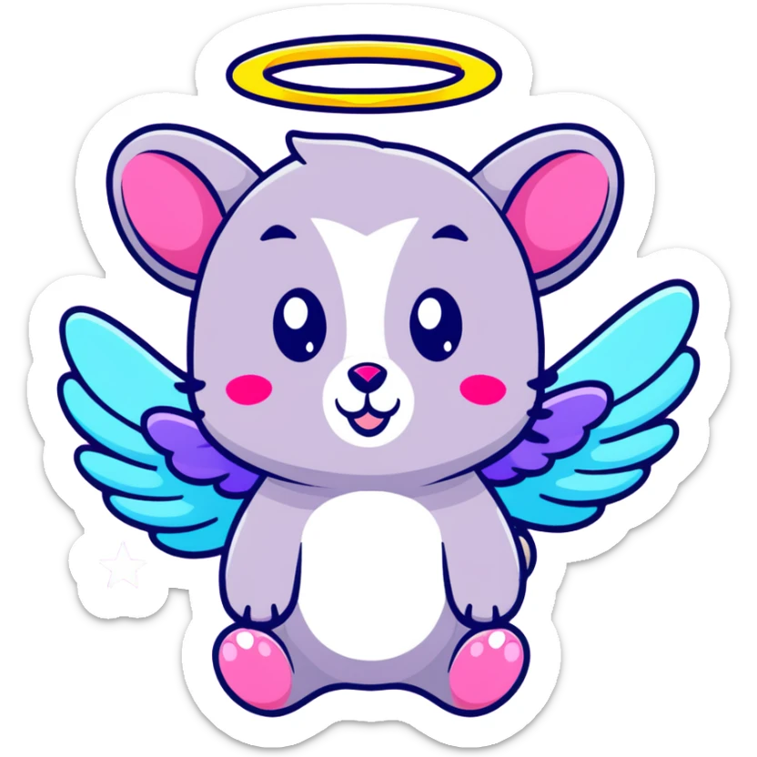 adorable possum with angel wings and halo, surrounded by stars and hearts, Lisa Frank colors sticker
