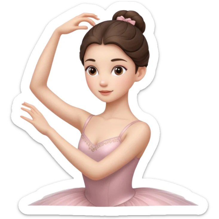 Cinematic Realistic ballerina Portrait, depicted with lifelike skin texture, subtle rosy undertones, and soft natural lighting that enhances the gentle contours of her face. Her intricately detailed sweet brunette hair is elegantly styled, sticker
