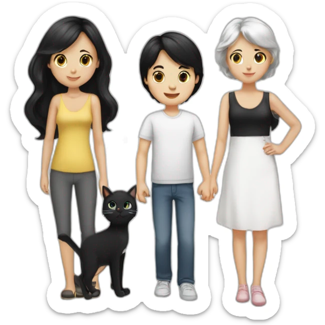Family of three- mum black hair white skin- dad black hair white skin- baby girl- one white cat-one black cat  sticker