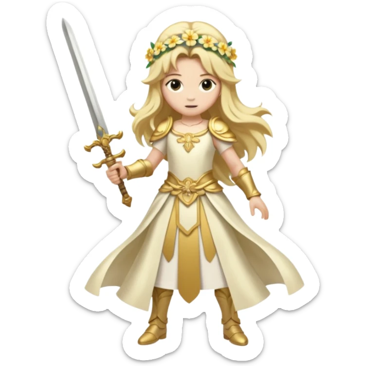 Lumine (from Genshin Impact) White and golden clothes, blonde, long-haired, with a big flower hair clip, and wielding a sword (full body) sticker