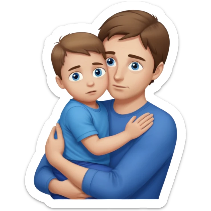 A white man brown hair, blue narrowed eyes with a small child with fair hair and blue eyes in his arms is peeping, the emphasis is on the eyes, white skin sticker