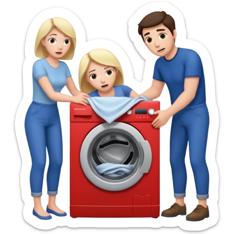 Eine Frau mit dem in der Waschmaschine feststeckt und zwei Männer die hinten an ihr ziehen um ihr zu helfen  sticker