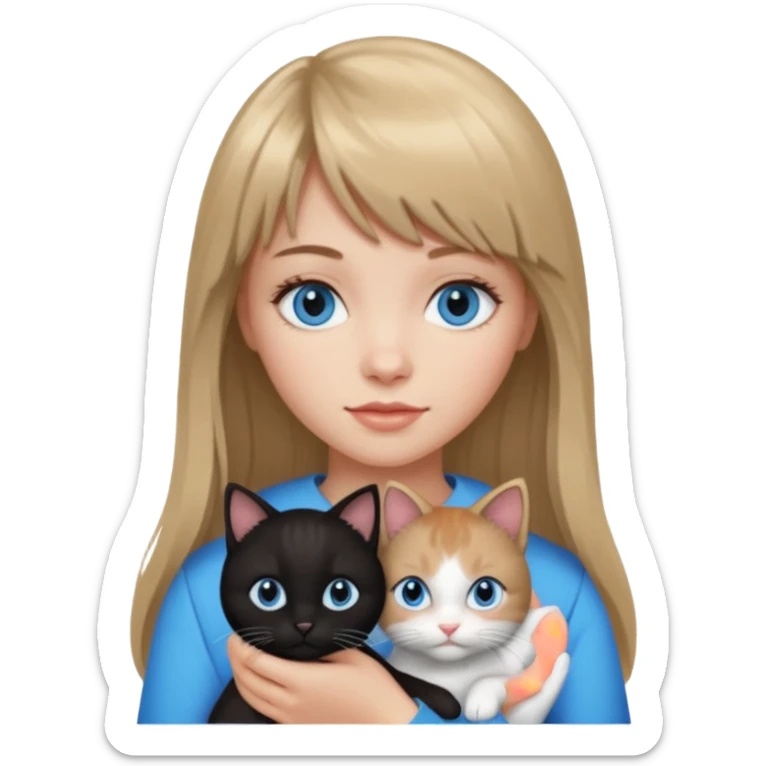 Apple-style emoji sticker of a young woman with long dark blond hair and bang, blue eyes , holding a black and white kitty sticker