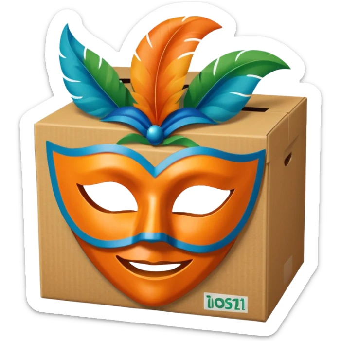 a box and a carnival mask in orange, blue and green on top of it , trying to make a carnival pack sticker