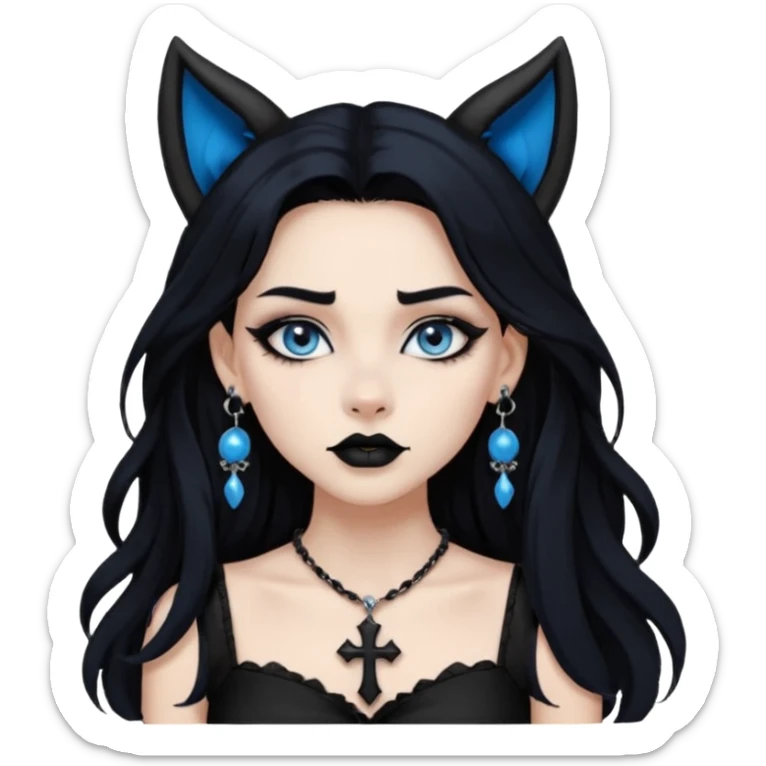 A girl with long black hair and blue eyes, black eyeshadow, black eye liner, mascara, and black lipstick, and black skull earrings. Also a black sexy dress and wolf ears  and a black pendent necklace and a black cross below her right eye sticker