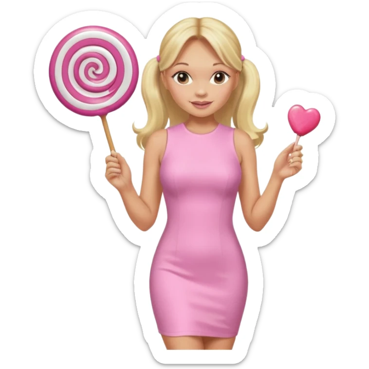 Emma Bunton with long blonde ponytails wearing light pink bodycon dress holding a lollipop sticker