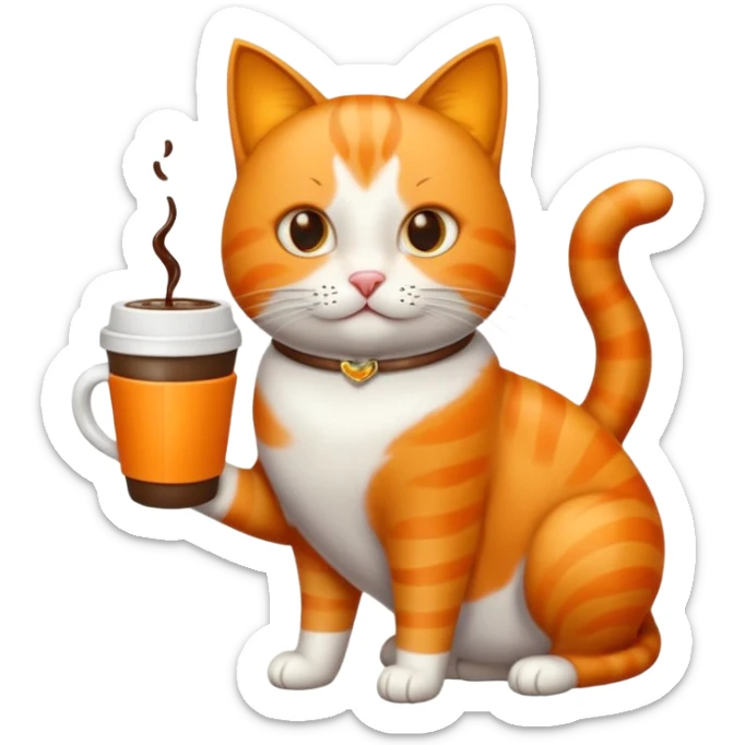 Gato naranja tomando café frio con un popote agarrándolo con sus patitas sticker
