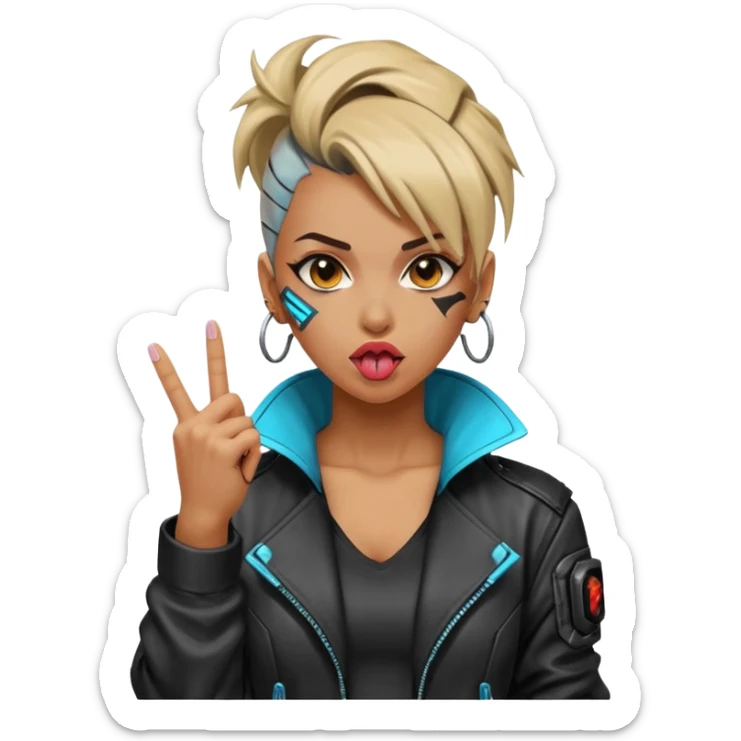 Woman with her tongue out in cyberpunk clothing and giving the middle finger. Looking naughty. sticker