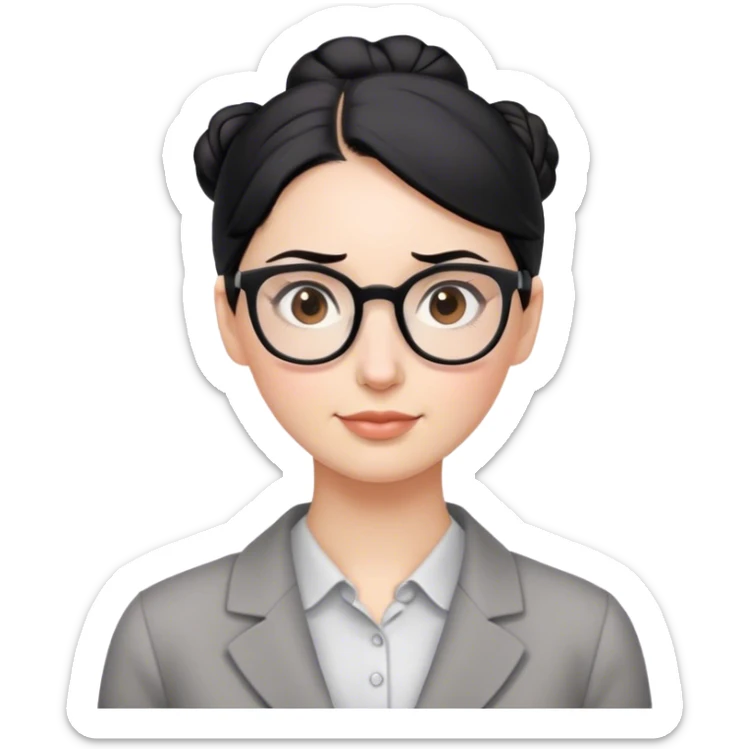 pale teacher with black hair in a bun, with brown eyes, wearing gray glasses sticker