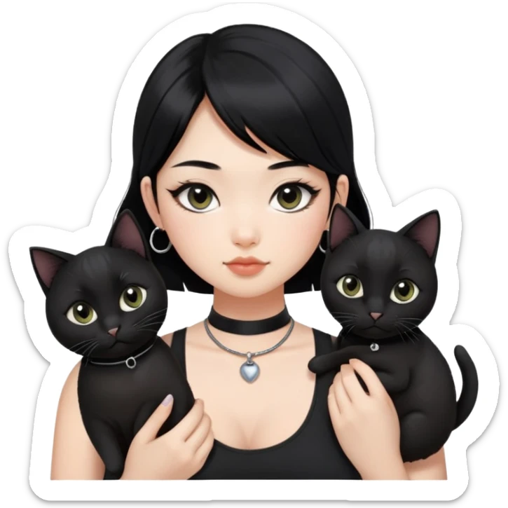 Asian girl, black hair.  Holding two BLACK cats with one cat has a round fat face. Both pure black.  The girl also wearing a black singlet, a black chocker, silver round hook earring, and wearing eyeliner.  sticker