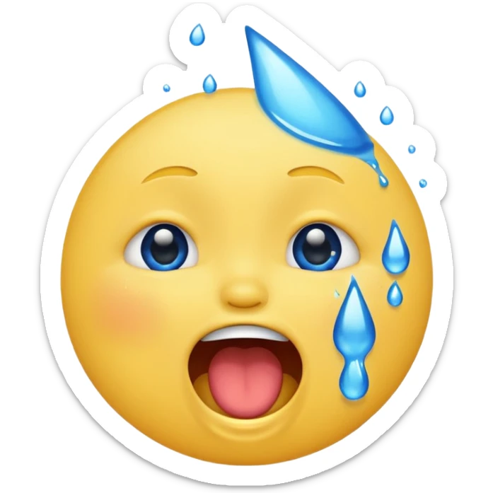 Emoji, yellow round laughing face, open mouth with Splashing blue tears from the eyes  sticker