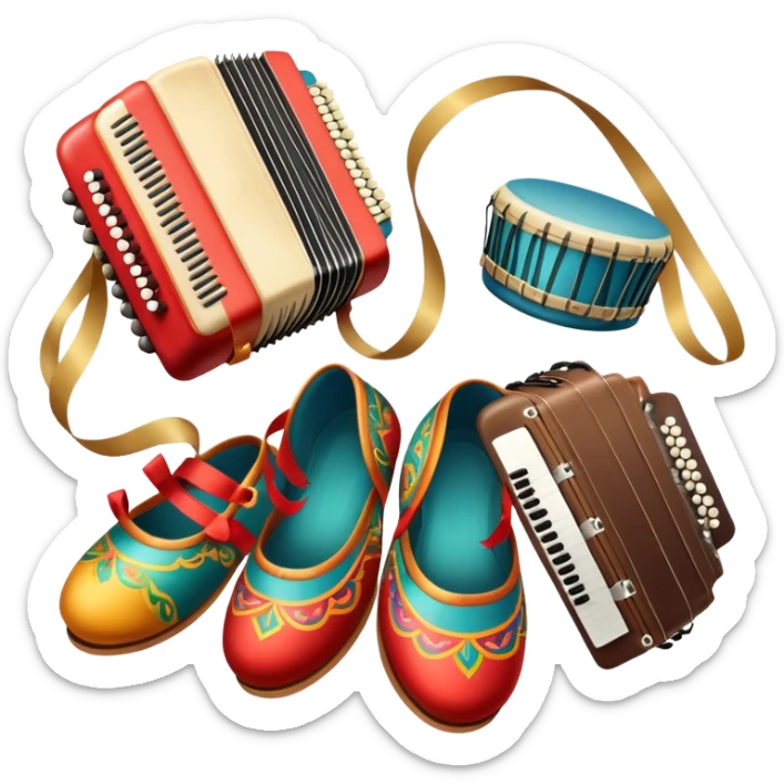 Icon for Folk Dance: close-up traditional dance shoes, colorful folk costumes, and a dance circle with ribbons and musical instruments like a tambourine or accordion. The icon should represent the vibrant and cultural aspects of folk dancing. Transparent background. sticker