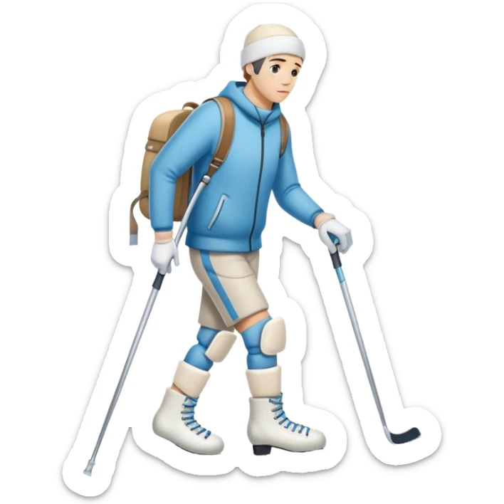una hombre con el pie lesionado que está vendado en  muletas con unos patines de hielo en la mano y cara de lesión 
 sticker