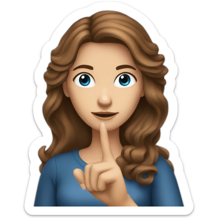 brown-haired woman with long hair, blue eyes shows her index finger sticker