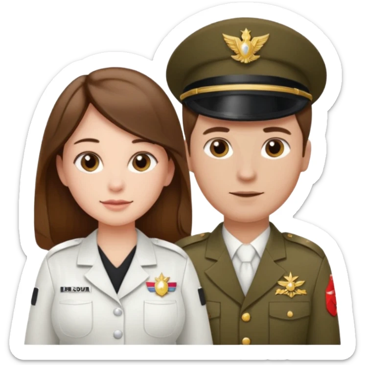 

"Woman with long brown hair and fair skin, pregnant, wearing a white cosmetologist uniform, and man with short brown hair and fair skin (without mustache), wearing a brown military uniform."

 sticker