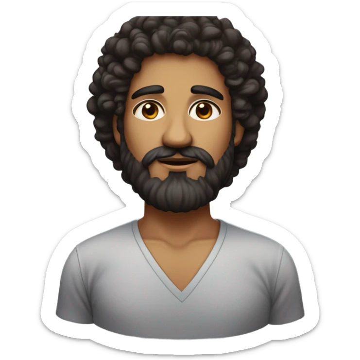 a person with a head of thick, dark curly hair that sits voluminously atop their head. he have a brown eyes, set above a broad nose and full lips. A prominent, full dark beard covers the lower part of the face, extending to the chin and upper neck. The face has a round shape with noticeable cheekbones, and the skin tone is a warm medium brown sticker
