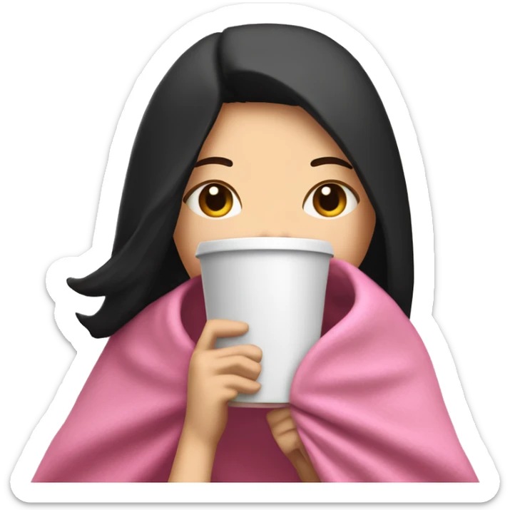 white girl with black straight hair inside a pink blanket sipping coffee eyes closed sticker