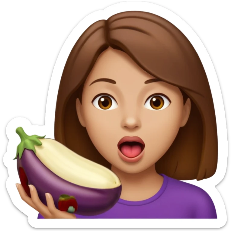 Brown hair light skin woman mouth open about to eat an eggplant sticker