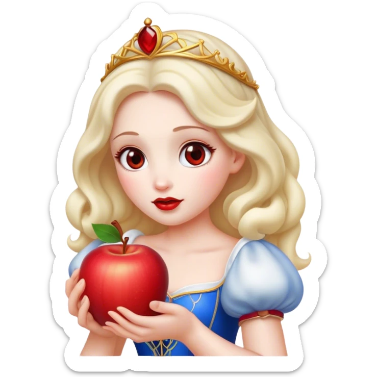 Cinematic Elegant Snow White Portrait Emoji, Delicately holding a red apple, eyes glimmering with mystery, soft curls perfectly placed, her royal presence glowing with a warm, enchanting charm! sticker