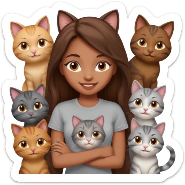 a pretty bratz dusky girl with long brown hair with six cats nd wearing a grey tshirt sticker