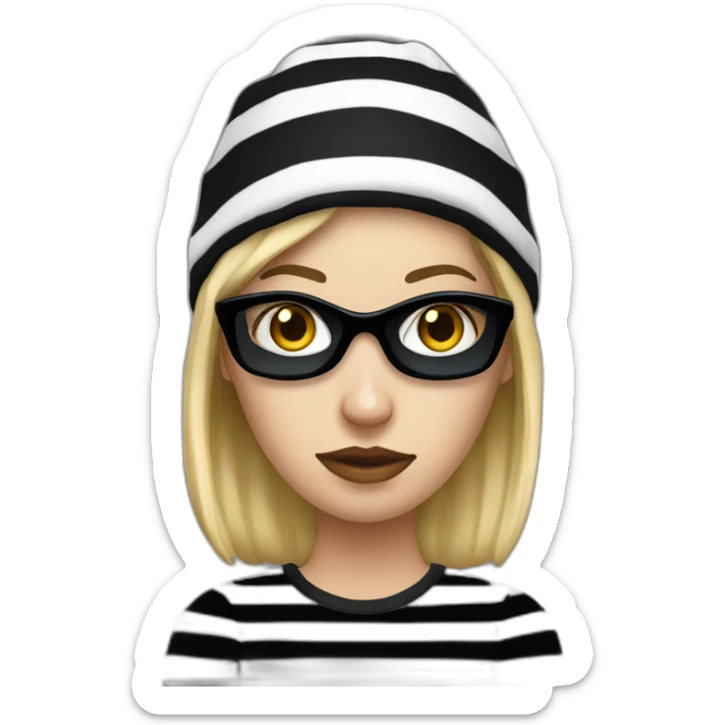 bank robber blonde woman with black beanie hat eye mask and striped shirt sticker