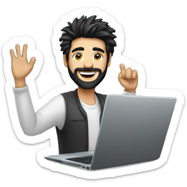 man with black hair, a beard and messy hair with a tapered fade working on a laptop waving hello sticker