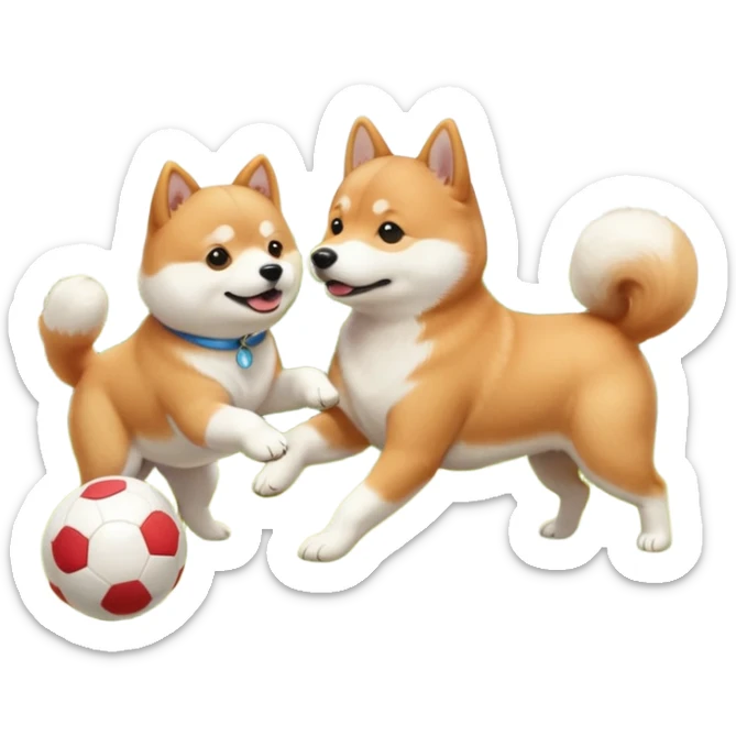 2 dogs, a ginger shiba inu and a small white dog breed coton de tulear, playing with a ball in a sunny garden sticker
