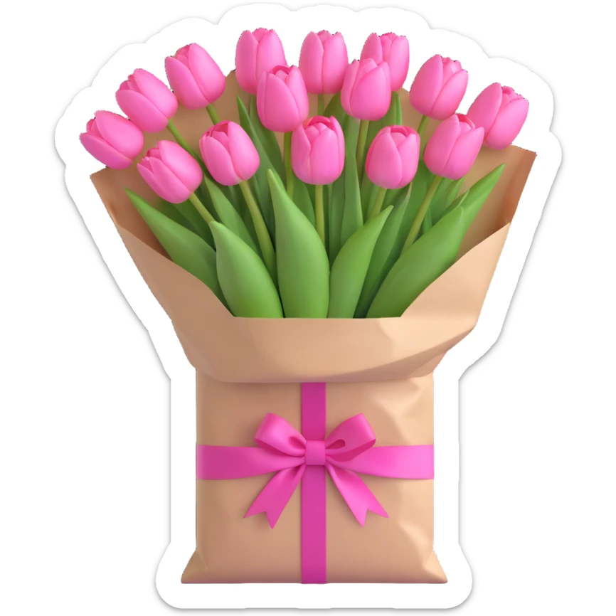 a bouquet of pink tulips in a white paper bag tied with a pink ribbon, 3D iOS emoji style, pastel pinks and mint greens, subtle shadows, minimal and fresh sticker