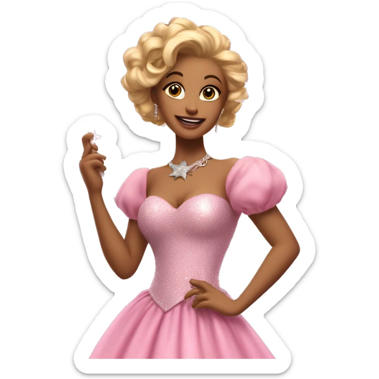 An elegant woman with golden-blonde curls in an updo. Wearing a sparkling pink ball gown with puffed sleeves. She holds a silver star wand and has a kind, radiant expression. Embodying charm and magic. sticker