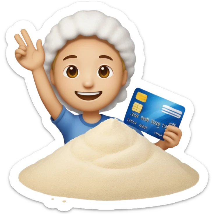 Happy emoji with credit card in hand and a pile of flour sticker