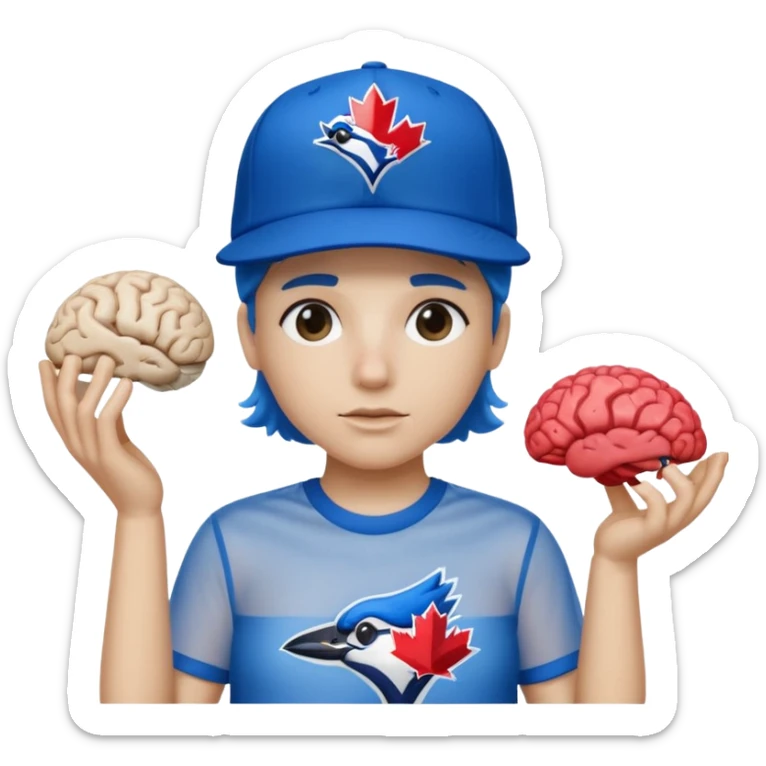 a see throug top of a roty that has a brain that you can whering a 67 shirt and a toronto blue jays hat sticker