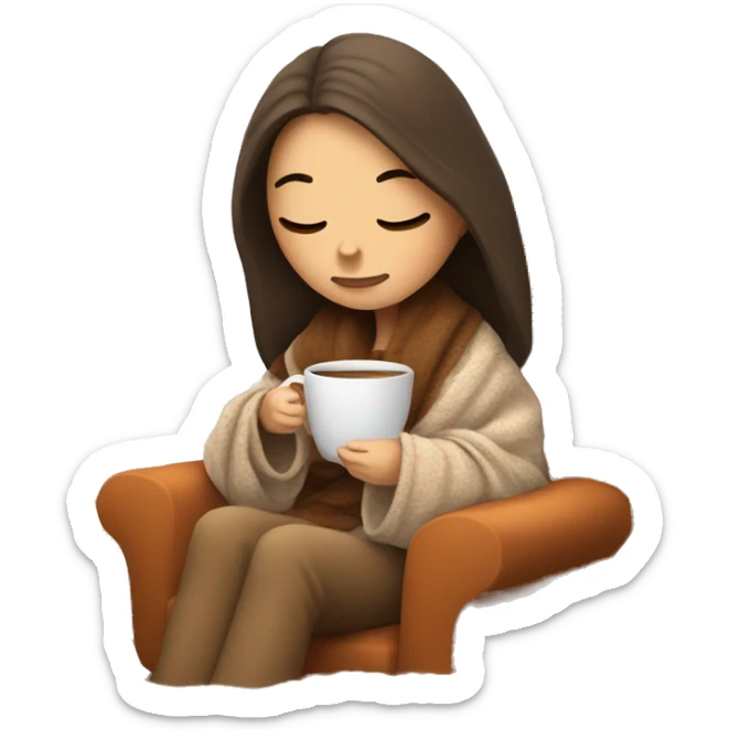 Brunette white girl covered in blanket autumn vibe sitting on a cozy chair holding coffee eyes closed sticker