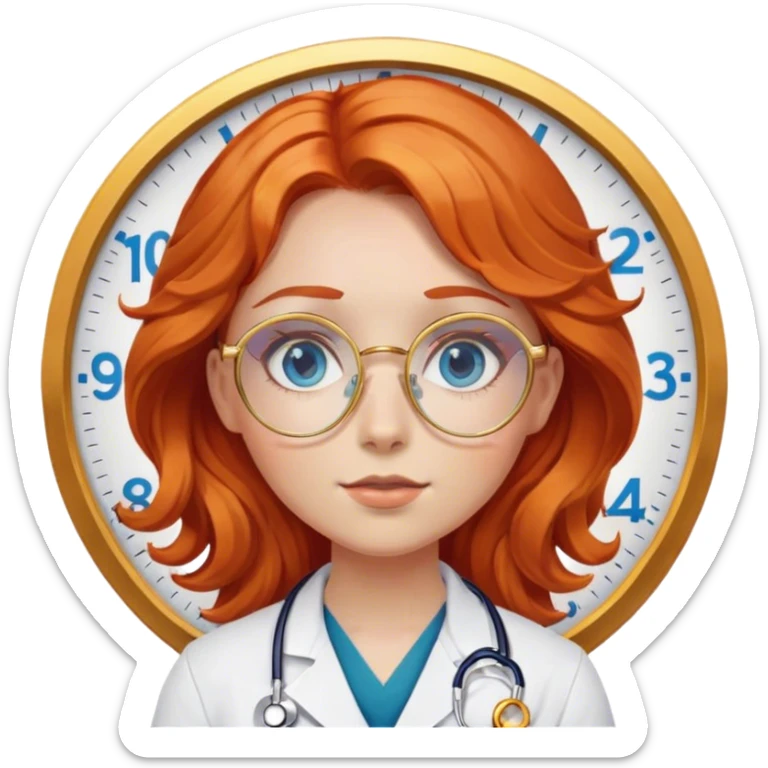 Girl doctor wavy orange red hair blue eyes in gold glasses , a clock nearby sticker