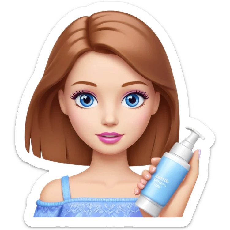 Barbie girl Chestnut Shoulder-length hair and blue eyes is In pale purple applying cream on face sticker