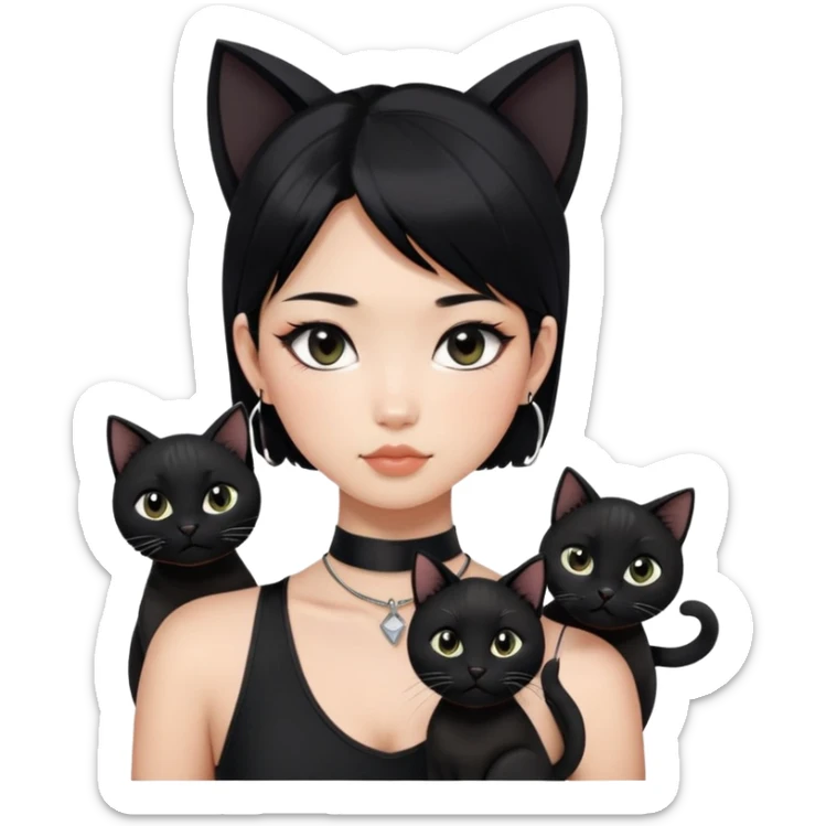 Asian girl, black hair.  Holding two BLACK cats with one cat has a round fat face. Both pure black.  The girl also wearing a black singlet, a black chocker, silver round hook earring, and wearing eyeliner.  sticker